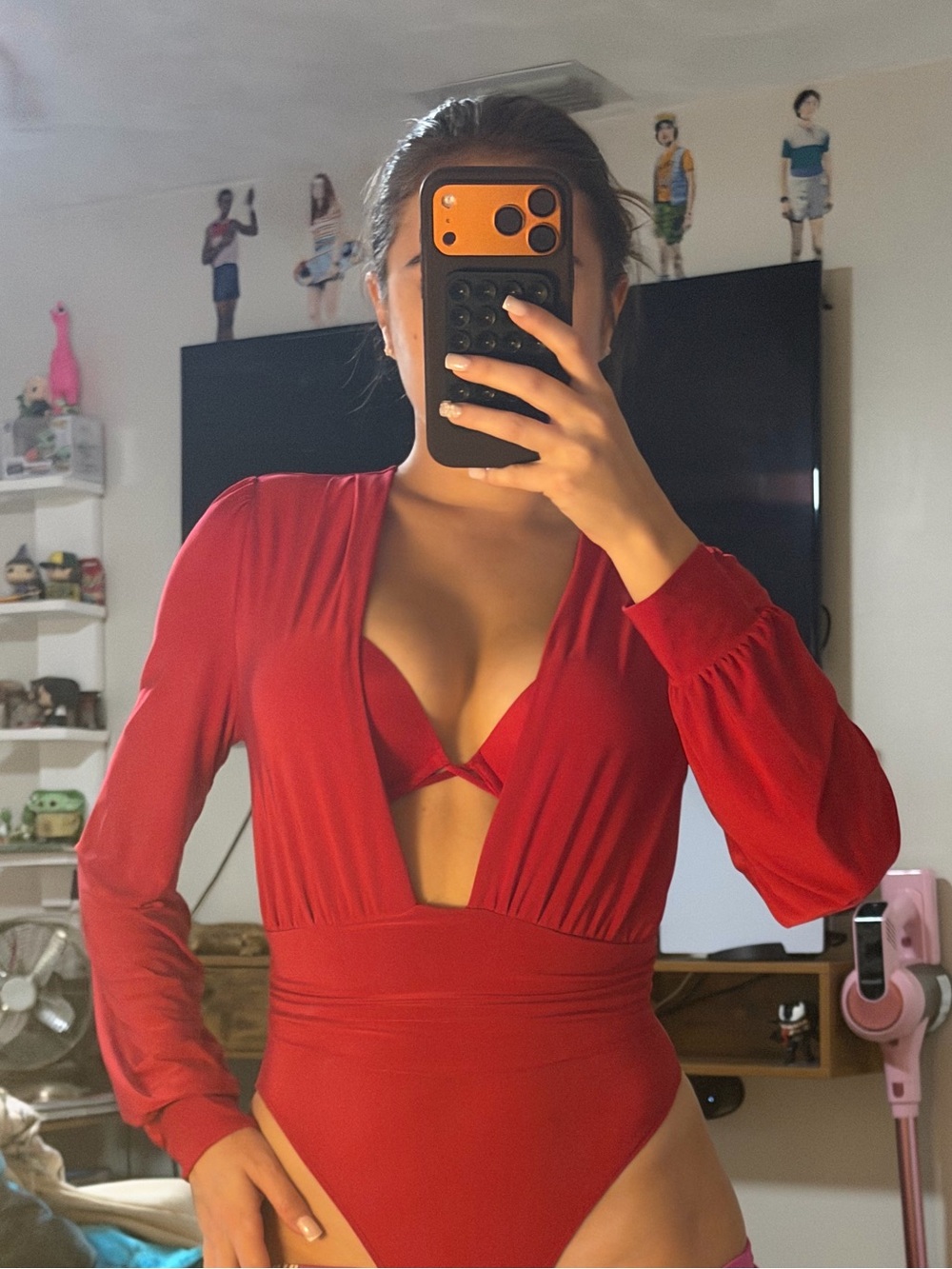 Red Long-Sleeve Deep V Bodysuit